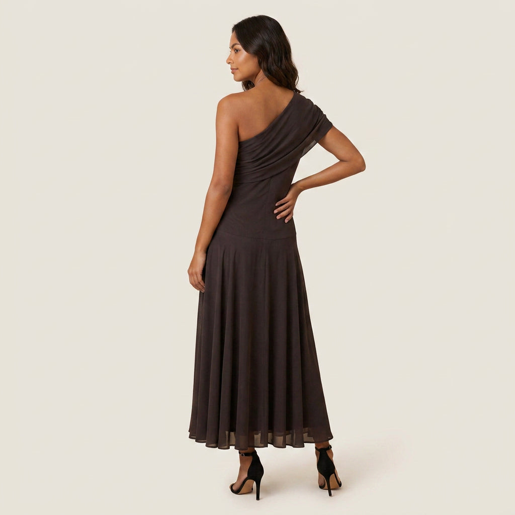 Women's One-Shoulder Midi Dress – Draped Chiffon-Effect Gown