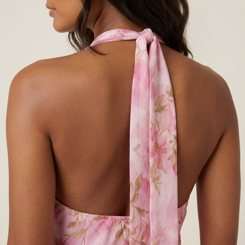 Women's Long Halter Dress with V-Neckline and Open Back
