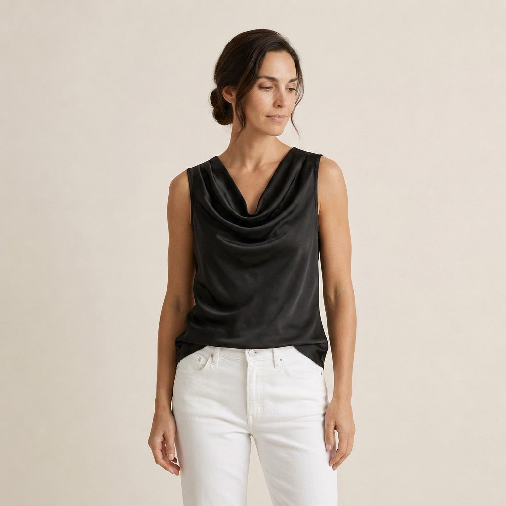 Women's Sleeveless Satin Top with Draped Cowl Neck