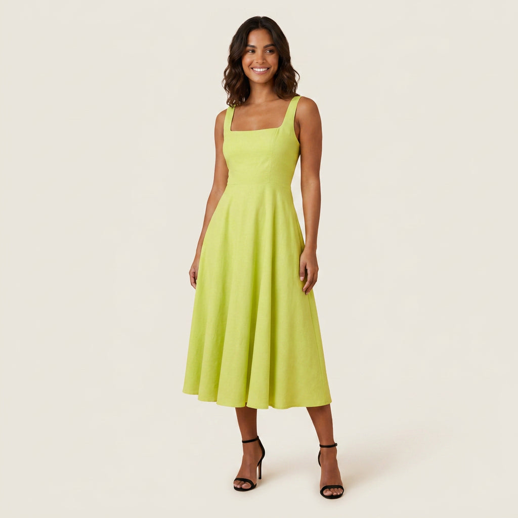 Women's Midi Dress Square Neck Flared Skirt
