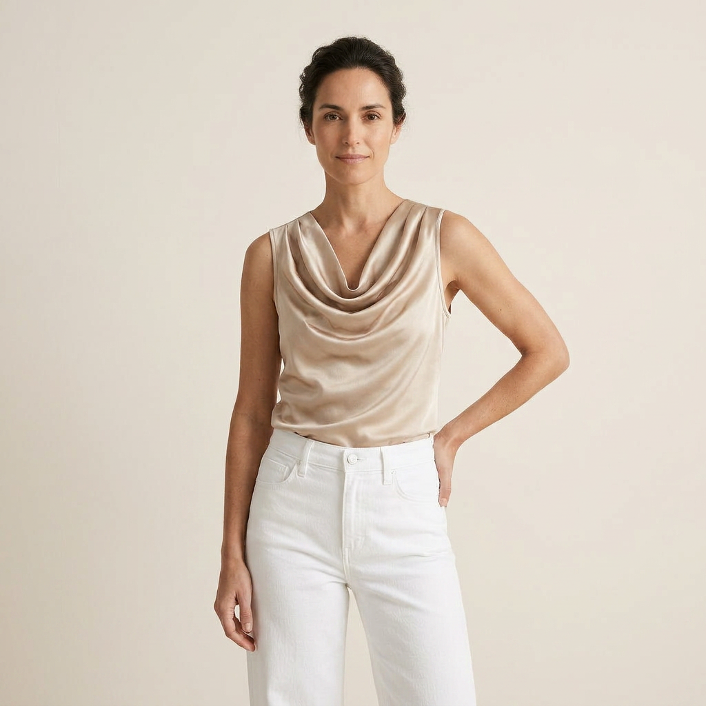 Women's Sleeveless Satin Top with Draped Cowl Neck