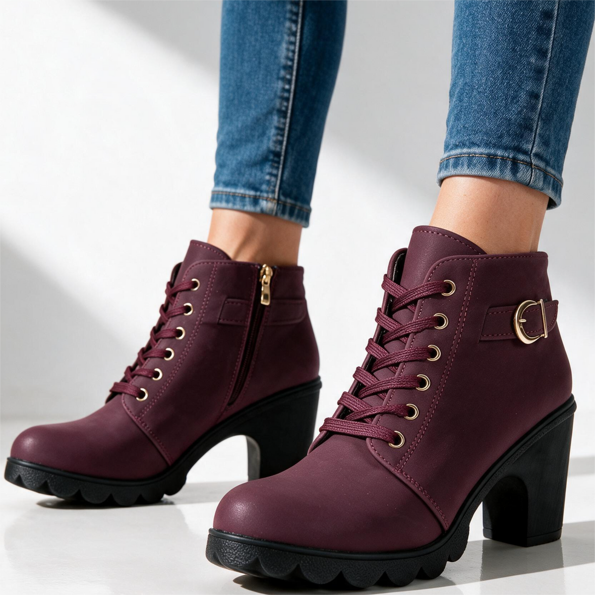 Women's Ankle Boots with Block Heel and Platform Sole