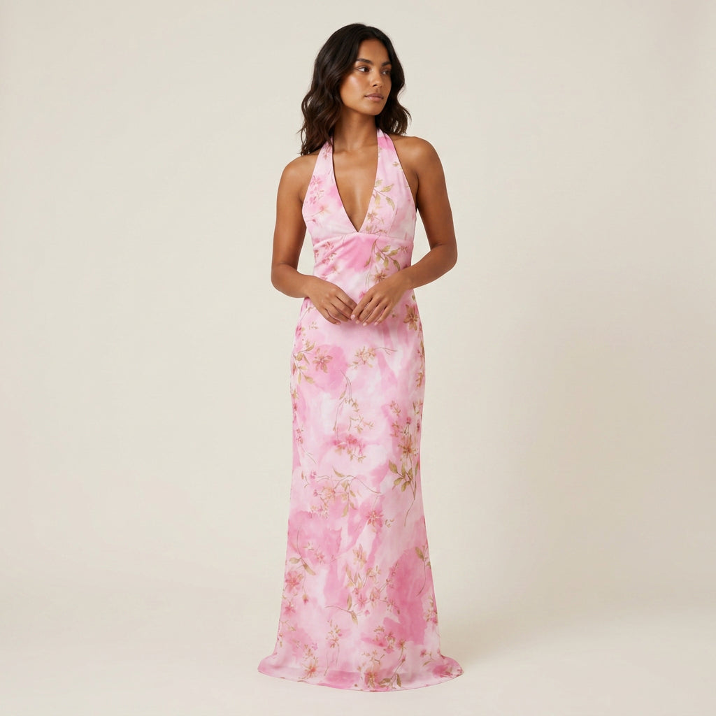 Women's Long Halter Dress with V-Neckline and Open Back