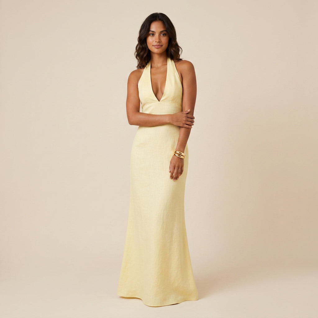 Women's Long Halter Dress with V-Neckline and Open Back