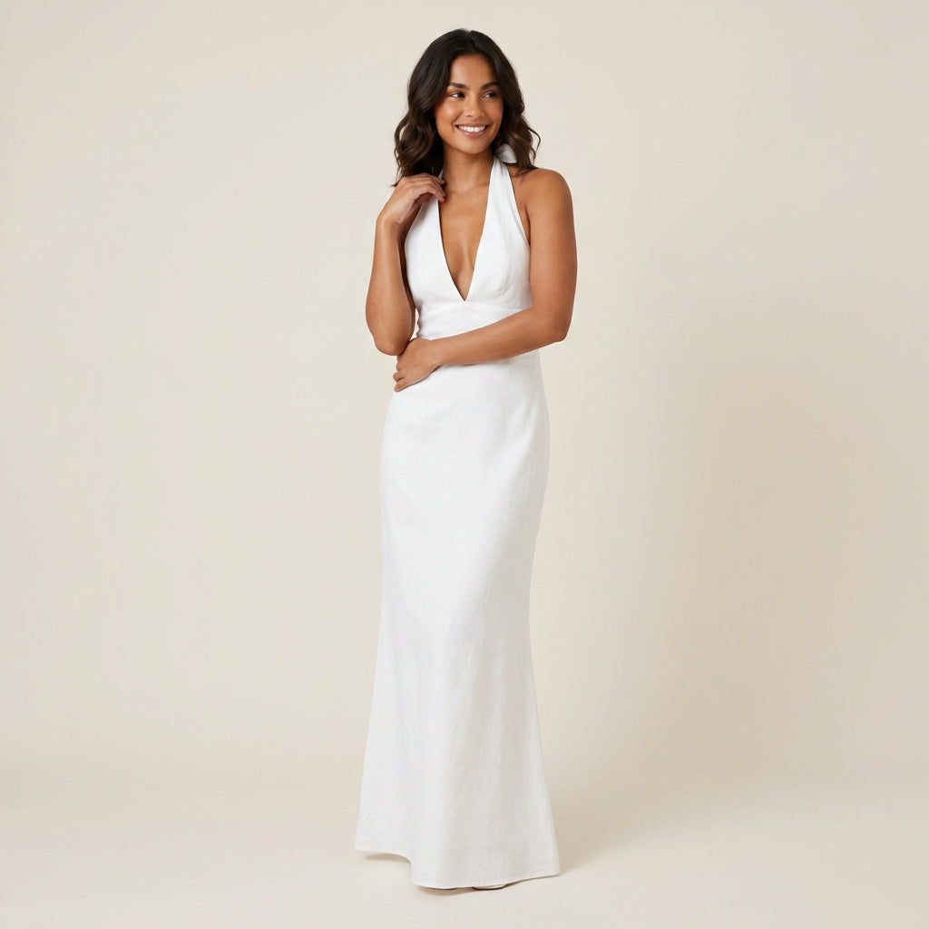 Women's Long Halter Dress with V-Neckline and Open Back