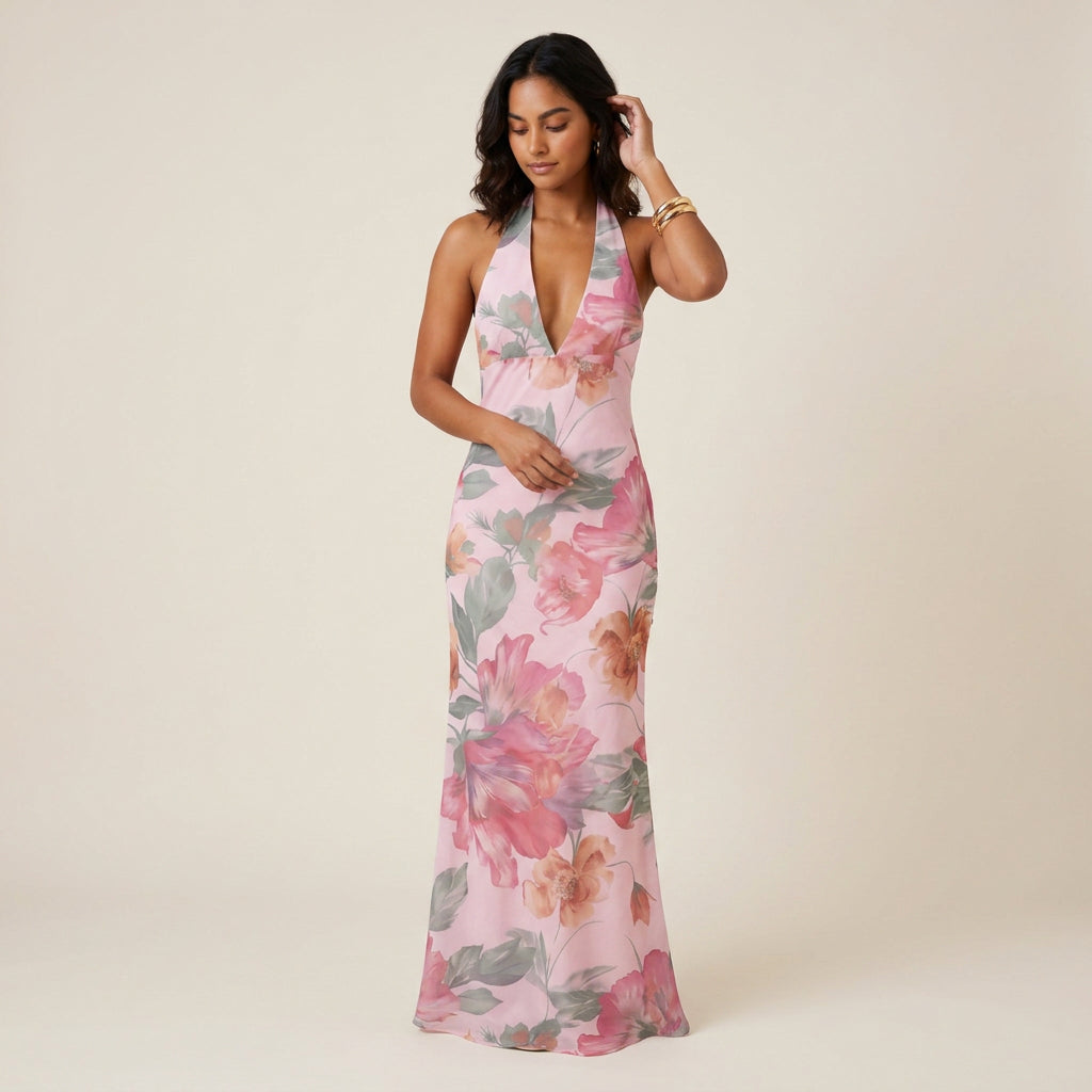Women's Long Halter Dress with V-Neckline and Open Back