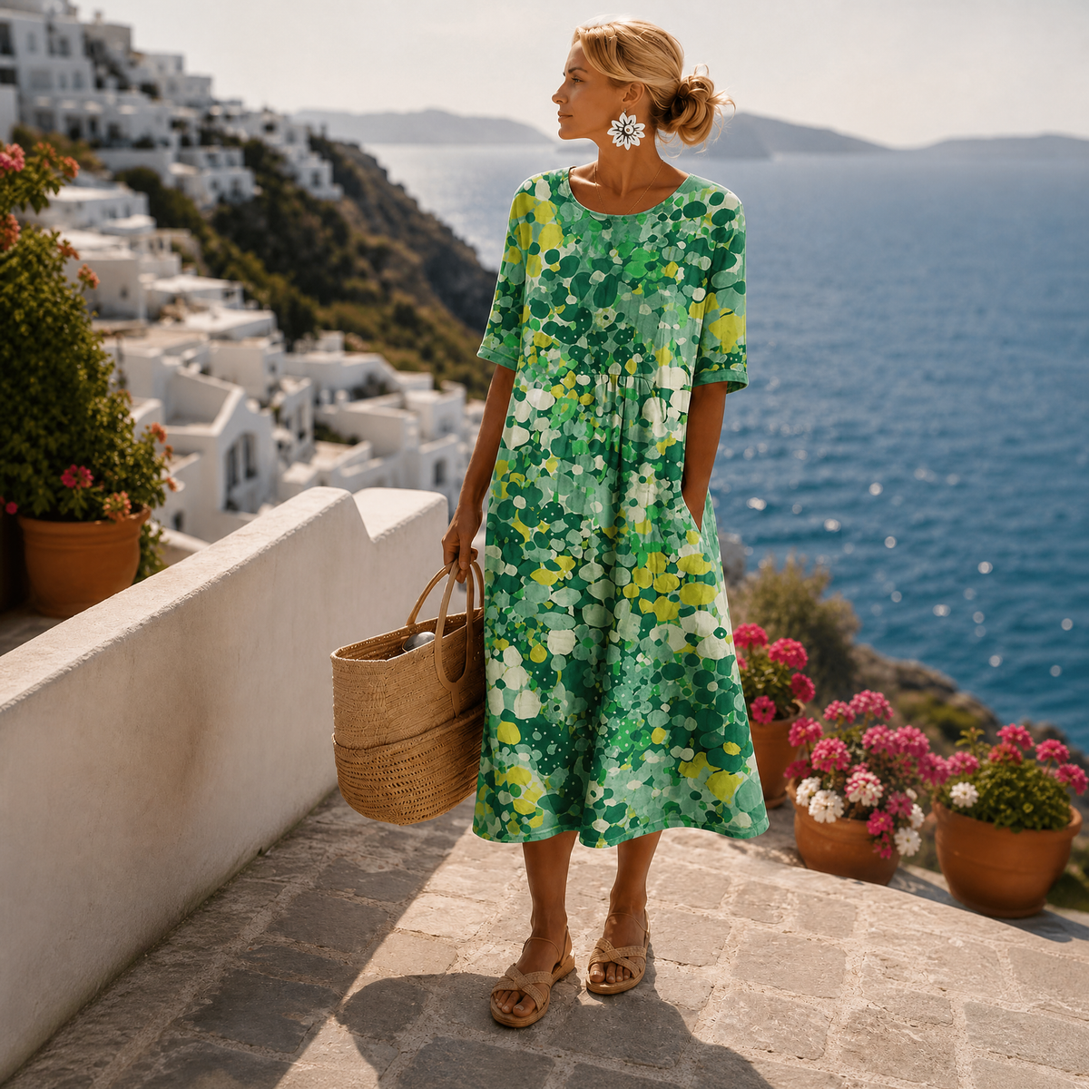 Women's Floral Midi Dress with Short Sleeves