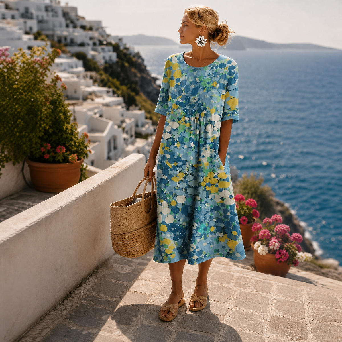 Women's Floral Midi Dress with Short Sleeves