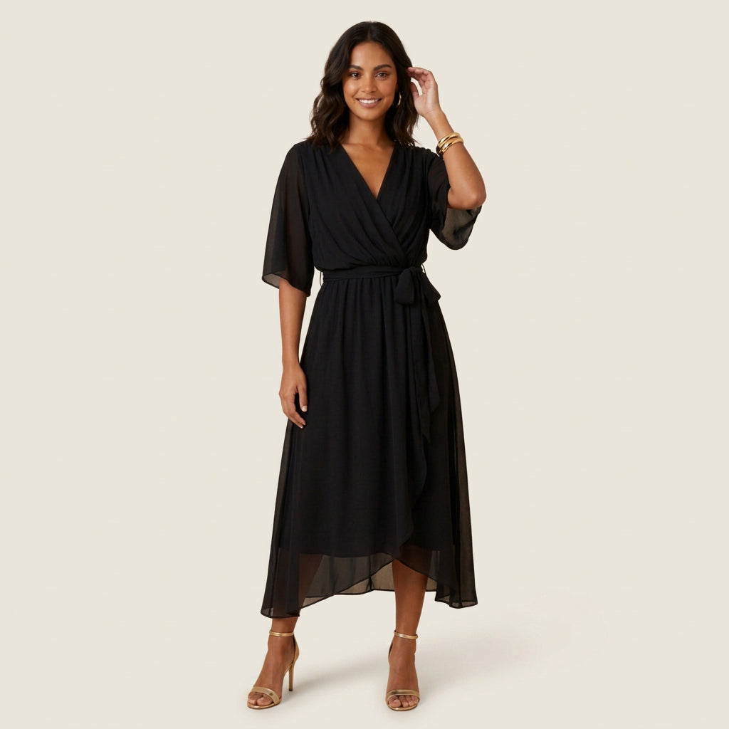 Women's Chiffon Wrap Midi Dress with Flutter Sleeves