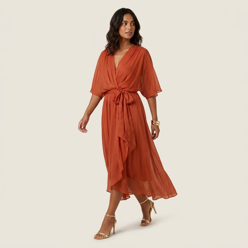 Women's Chiffon Wrap Midi Dress with Flutter Sleeves