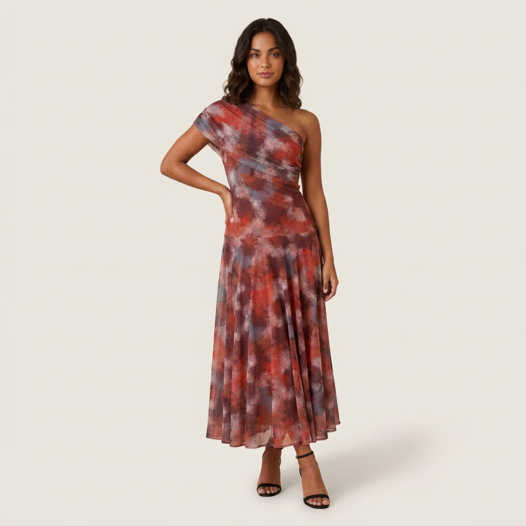 Women's One-Shoulder Midi Dress – Draped Chiffon-Effect Gown