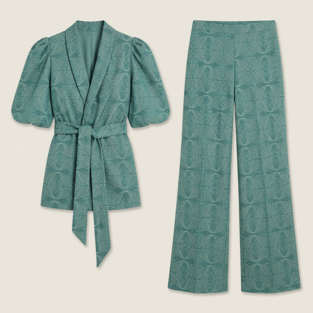 Women's Kimono Jacket & Wide-Leg Trousers Co-Ord Set – Geometric Print