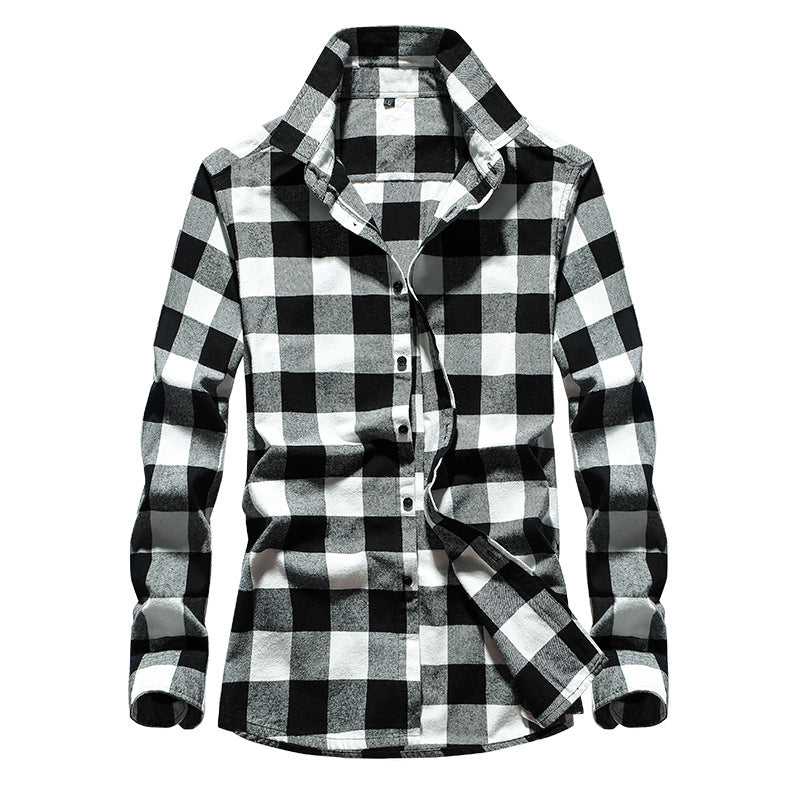 Men's Plaid Flannel Shirt with Kent Collar and Button Placket