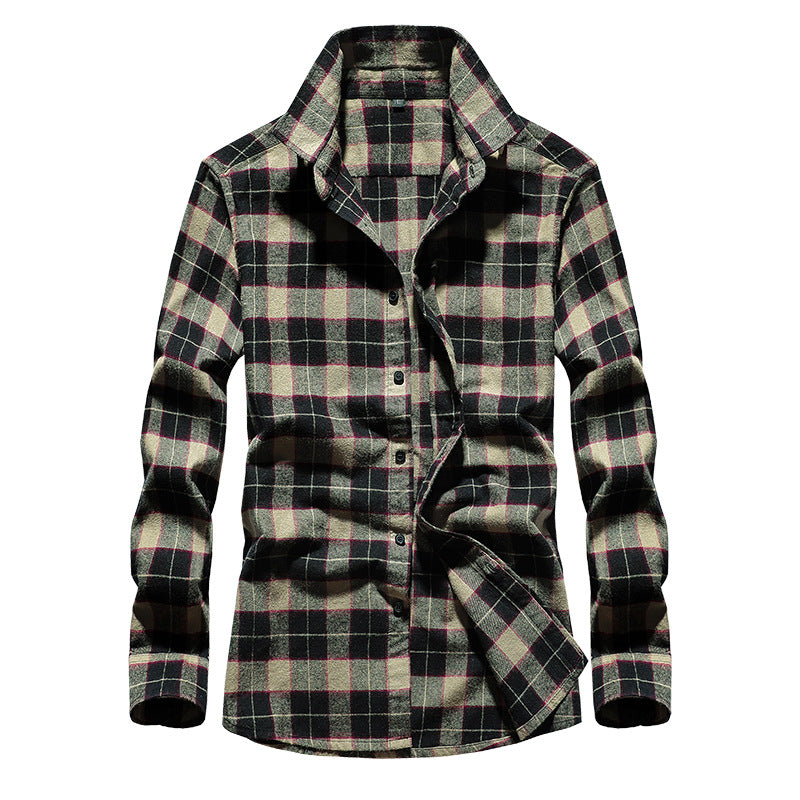 Men's Plaid Flannel Shirt with Kent Collar and Button Placket