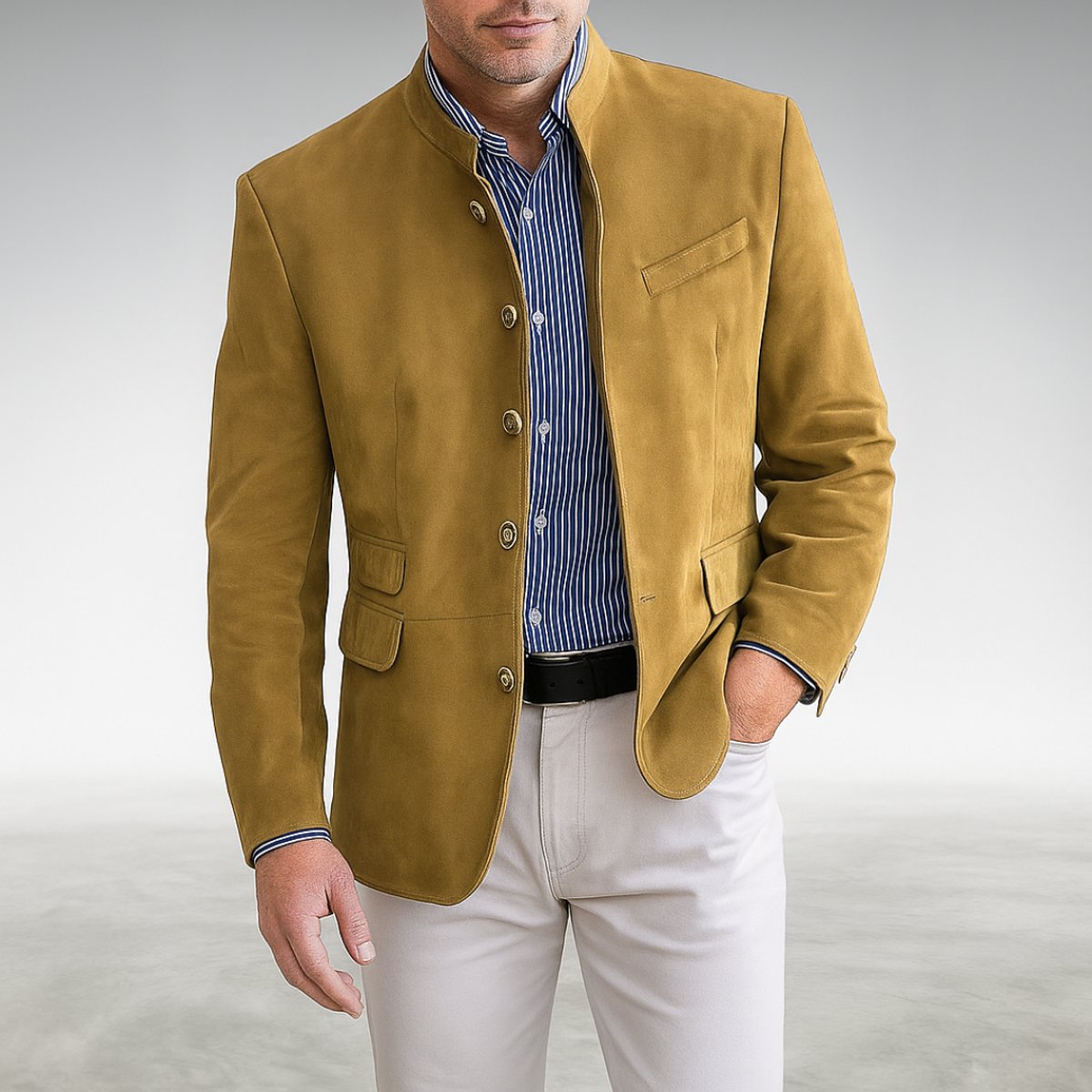 Men's Mandarin Collar Blazer Jacket - Structured Button-Front