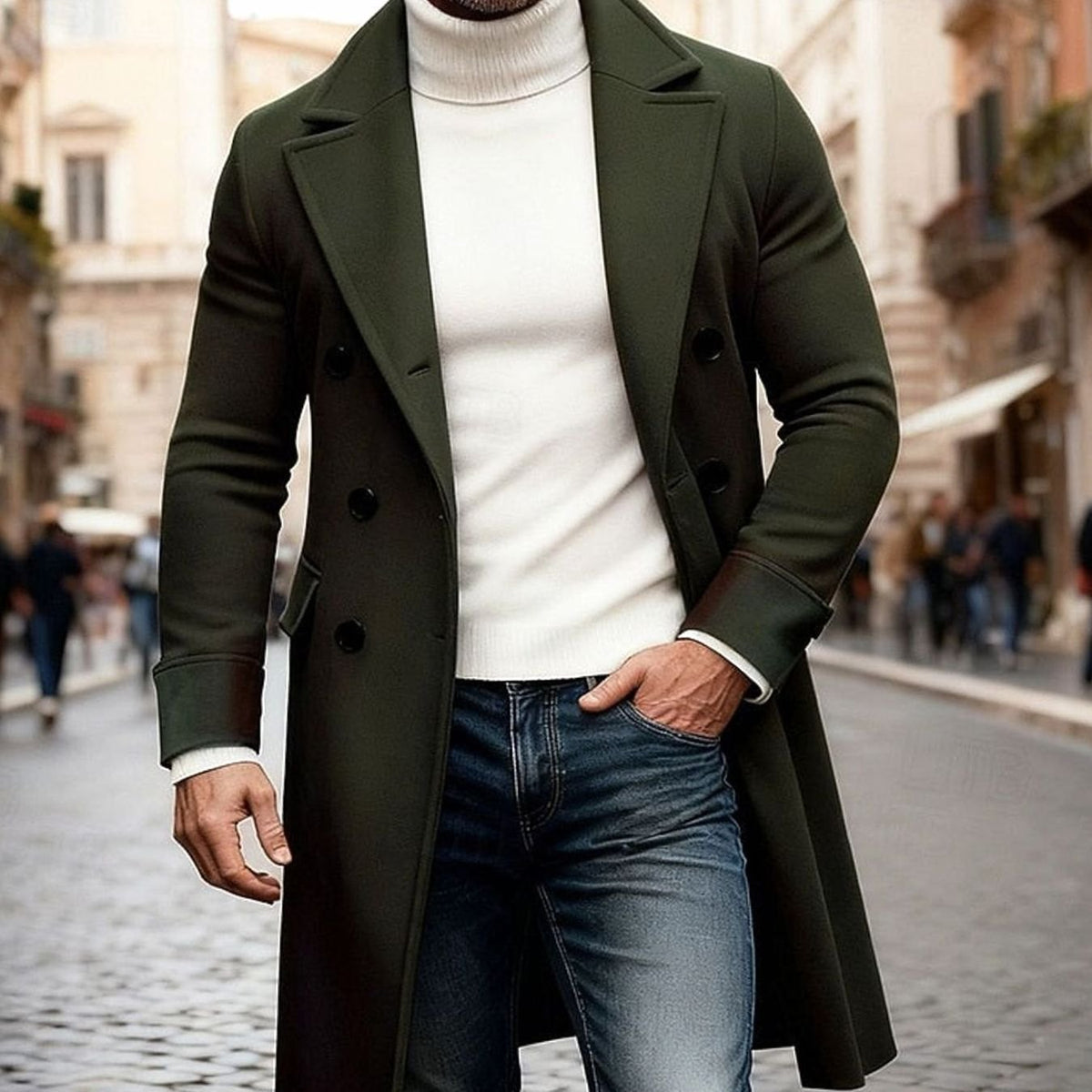 Men's Wool Overcoat Double-Breasted Tailored Fit Long Coat