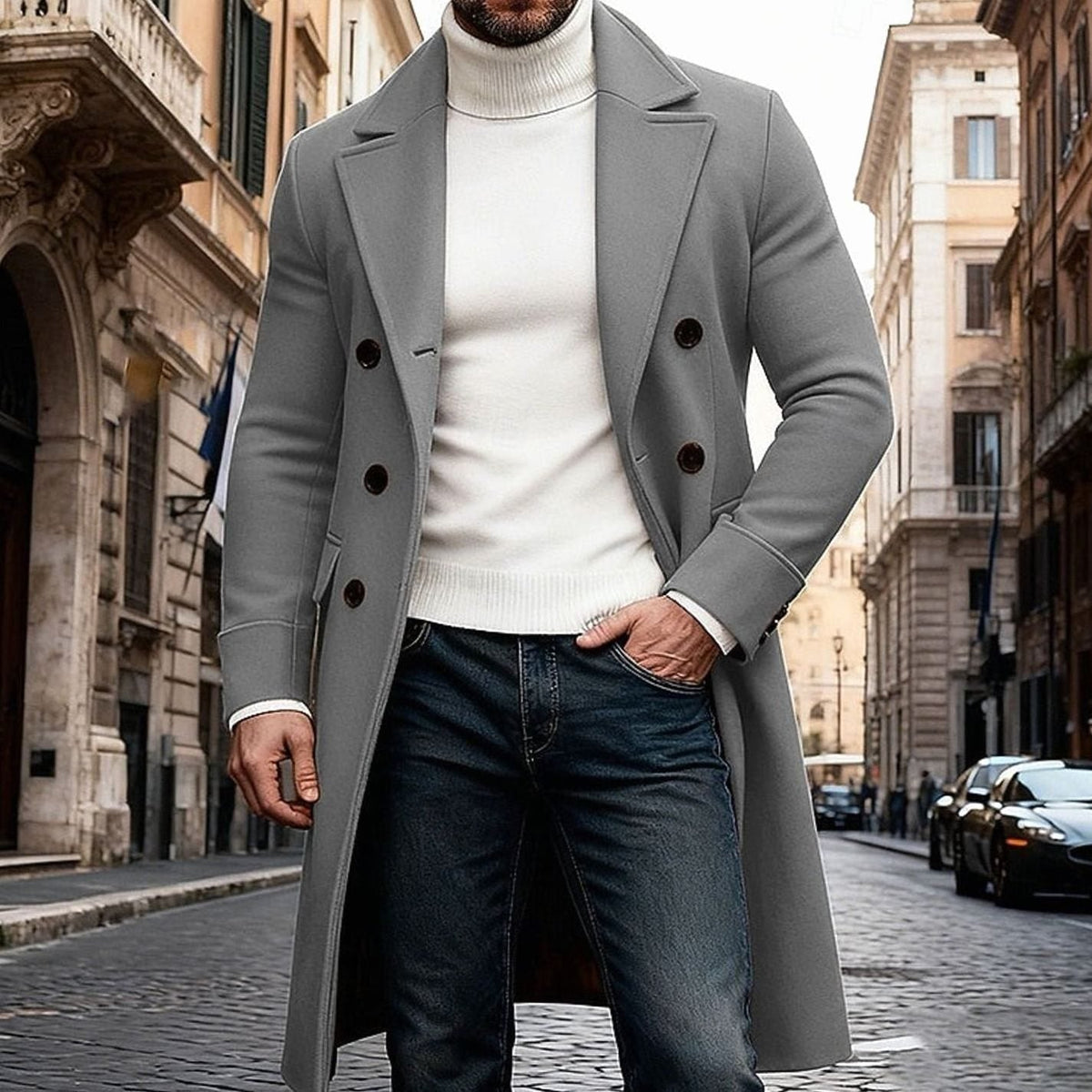 Men's Wool Overcoat Double-Breasted Tailored Fit Long Coat