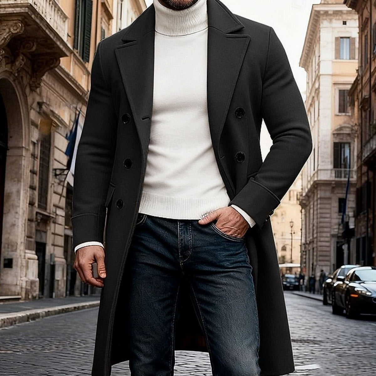 Men's Wool Overcoat Double-Breasted Tailored Fit Long Coat