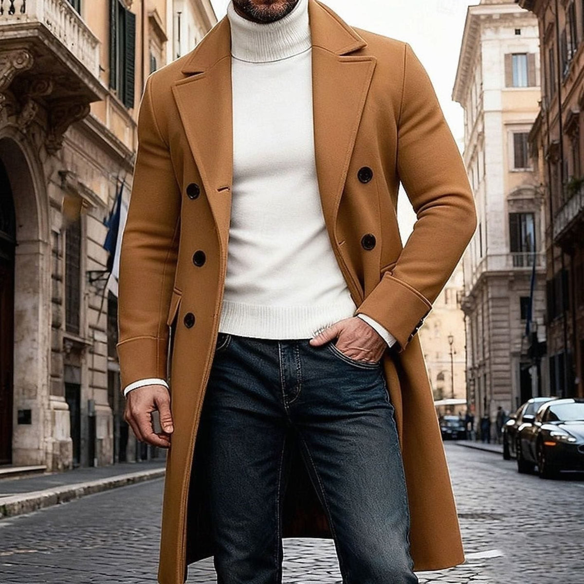 Men's Wool Overcoat Double-Breasted Tailored Fit Long Coat