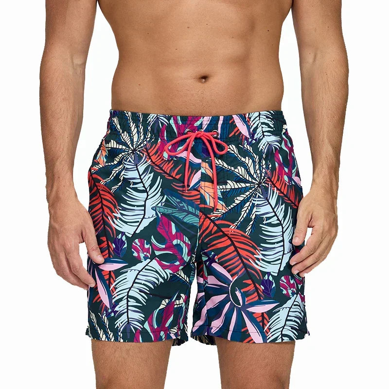 Men's Printed Swim Shorts with Pockets and Drawstring Waist