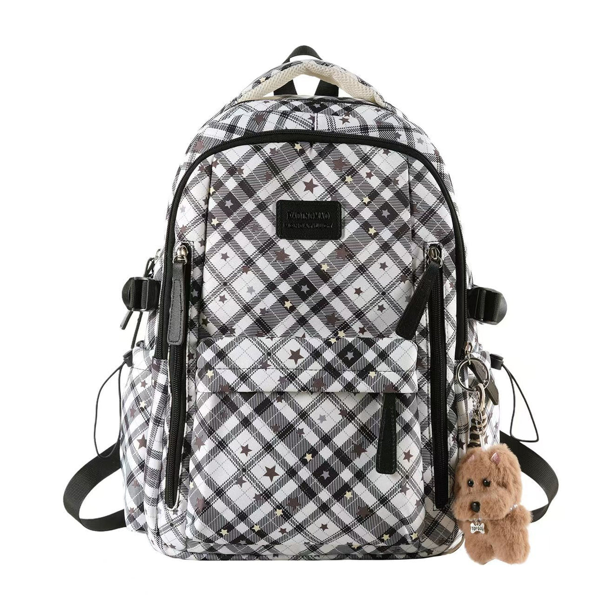 Star-Print Backpack with Multiple Compartments and Keychain