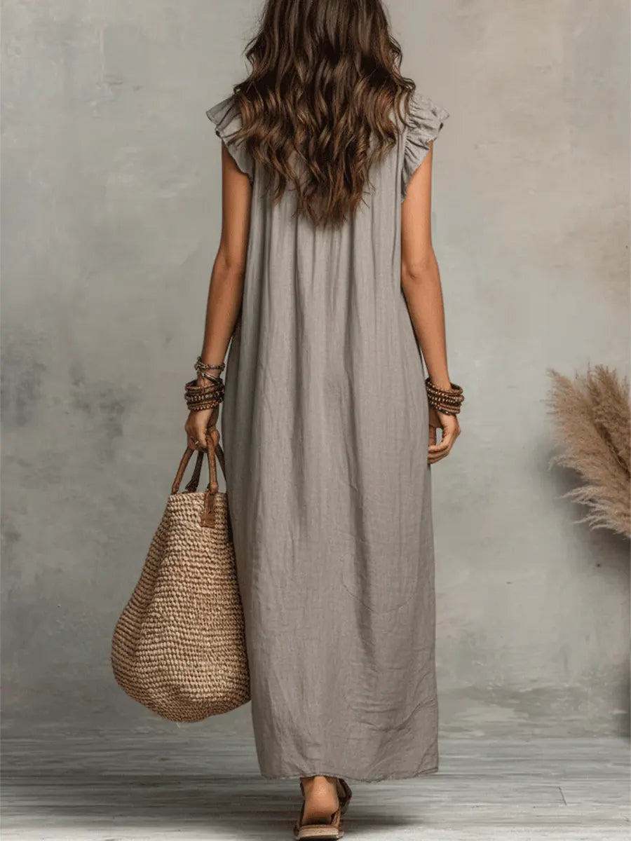Women's Maxi Dress - Flowing Linen-Cotton Blend with Ruffle Detail