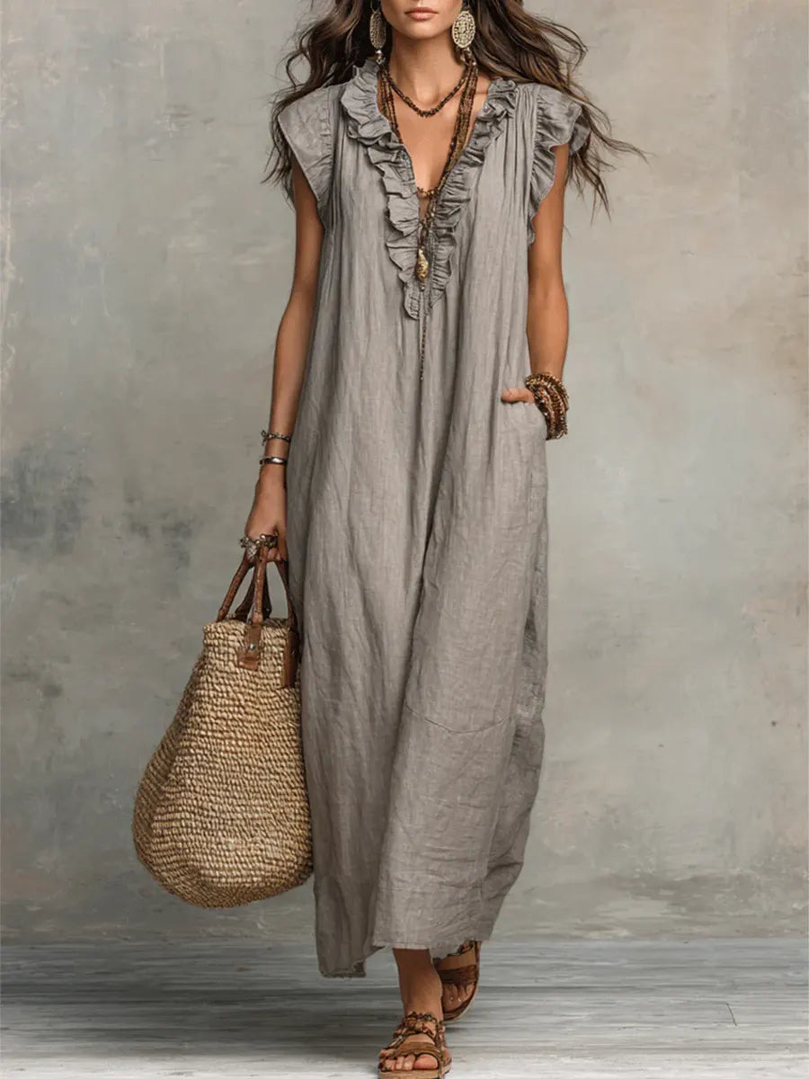 Women's Maxi Dress - Flowing Linen-Cotton Blend with Ruffle Detail