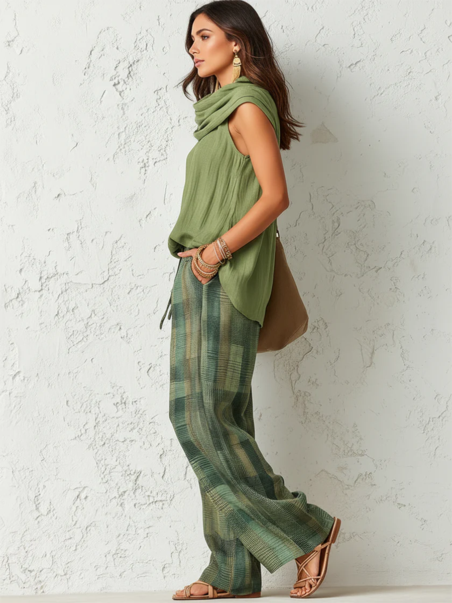 Women's Co-Ord Set - Flowy Blouse & Wide Leg Trousers in Green
