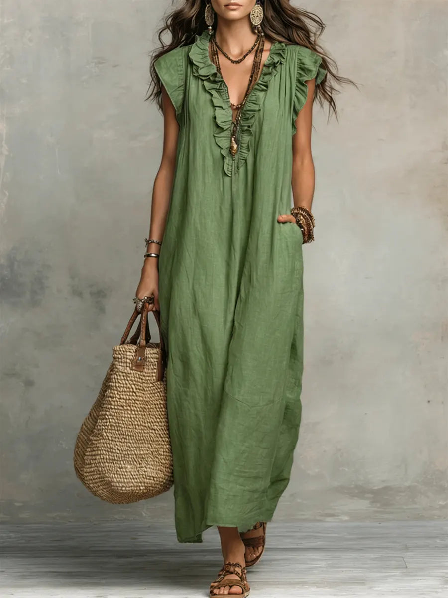 Women's Maxi Dress - Flowing Linen-Cotton Blend with Ruffle Detail