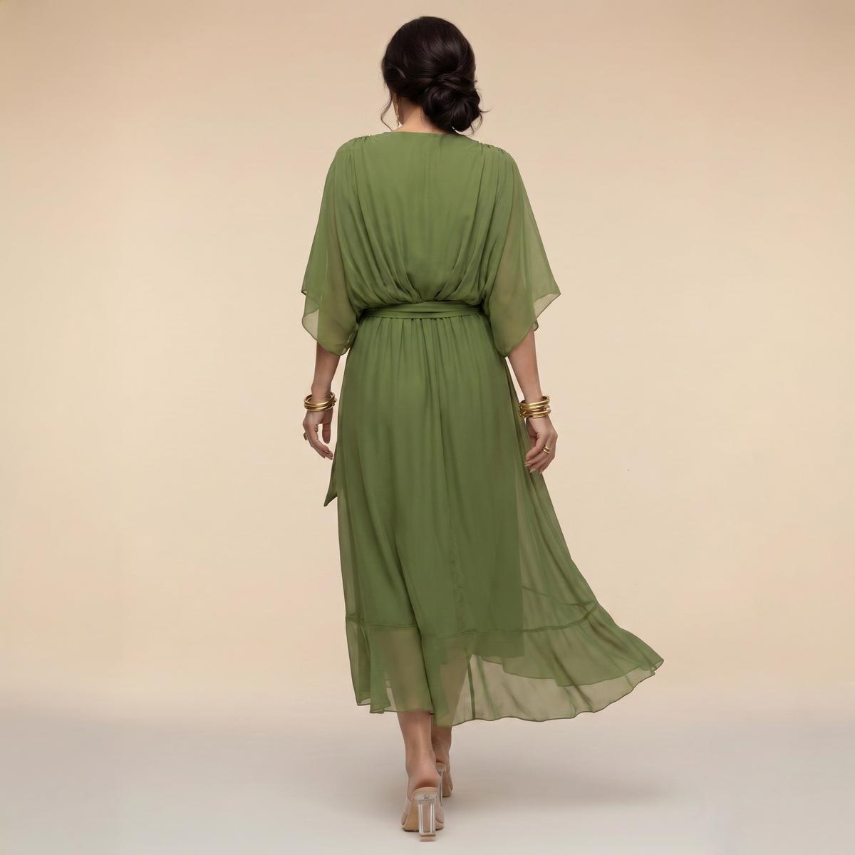Women's V-Neck Wrap Midi Dress with 3/4 Sleeves