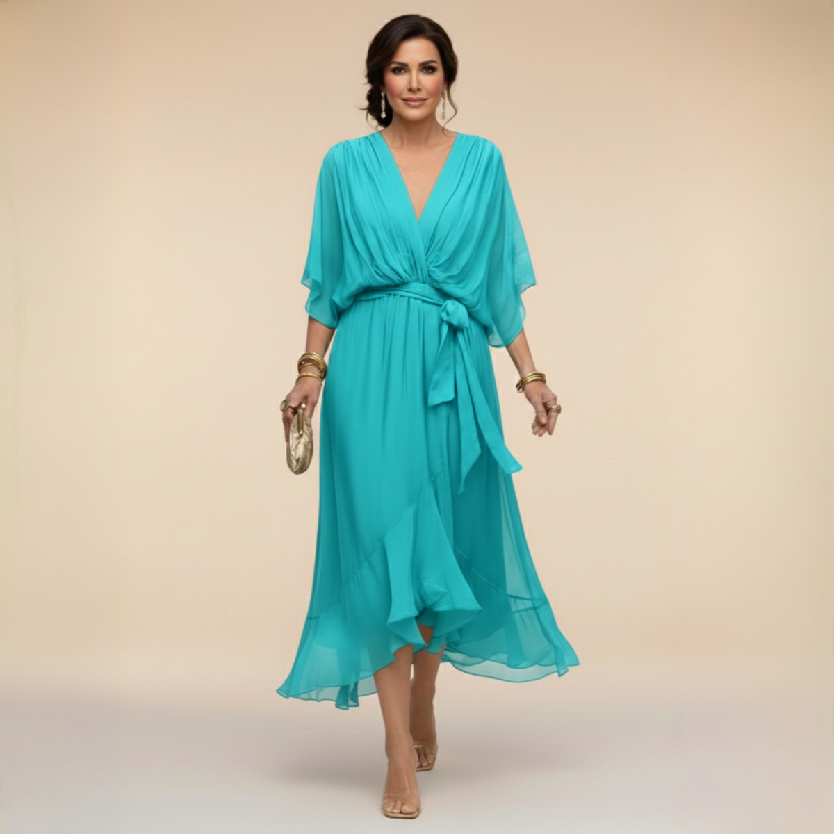 Women's V-Neck Wrap Midi Dress with 3/4 Sleeves