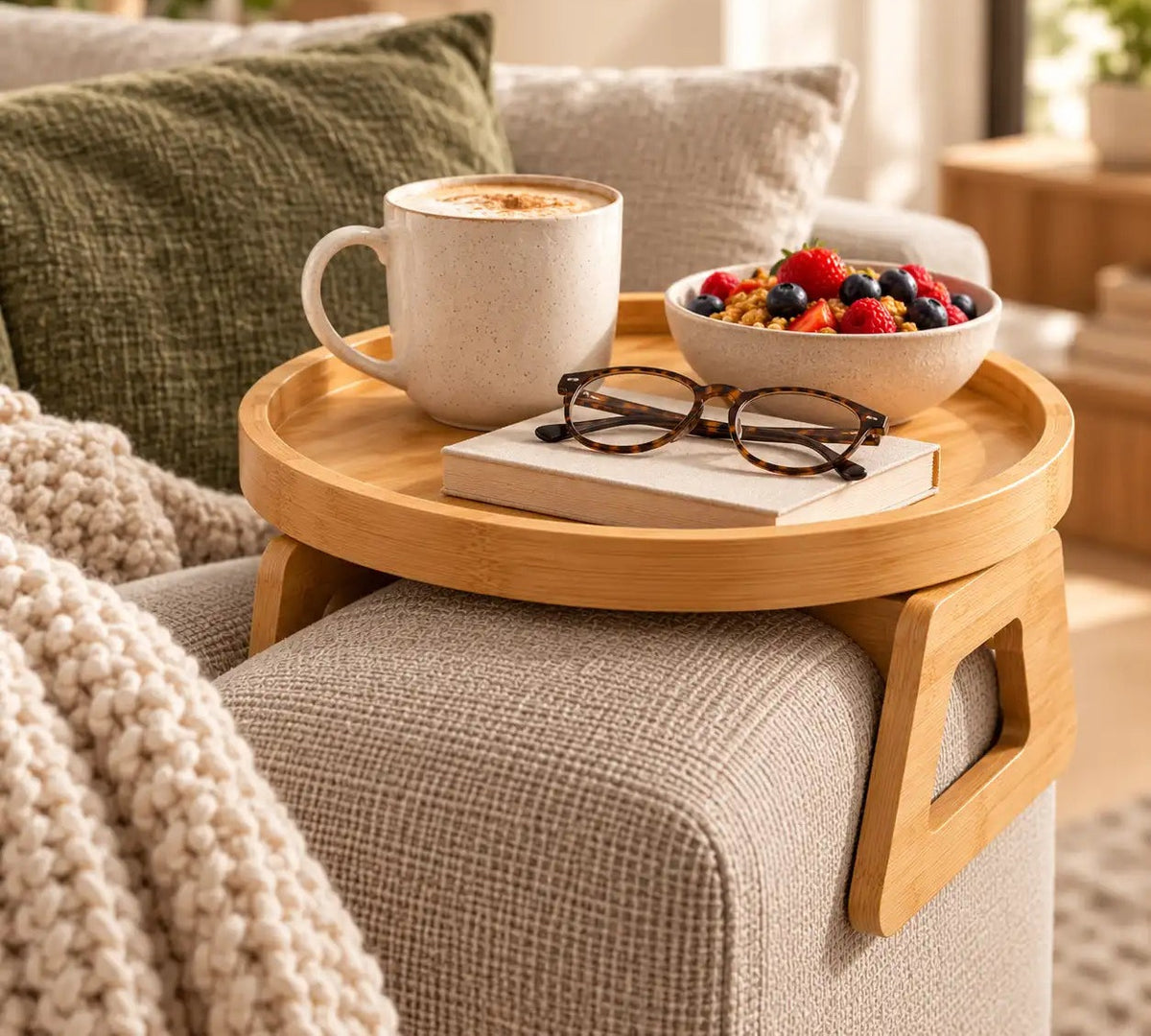 Clip-On Bamboo Sofa Arm Tray – Round Side Table for Couch Armrests