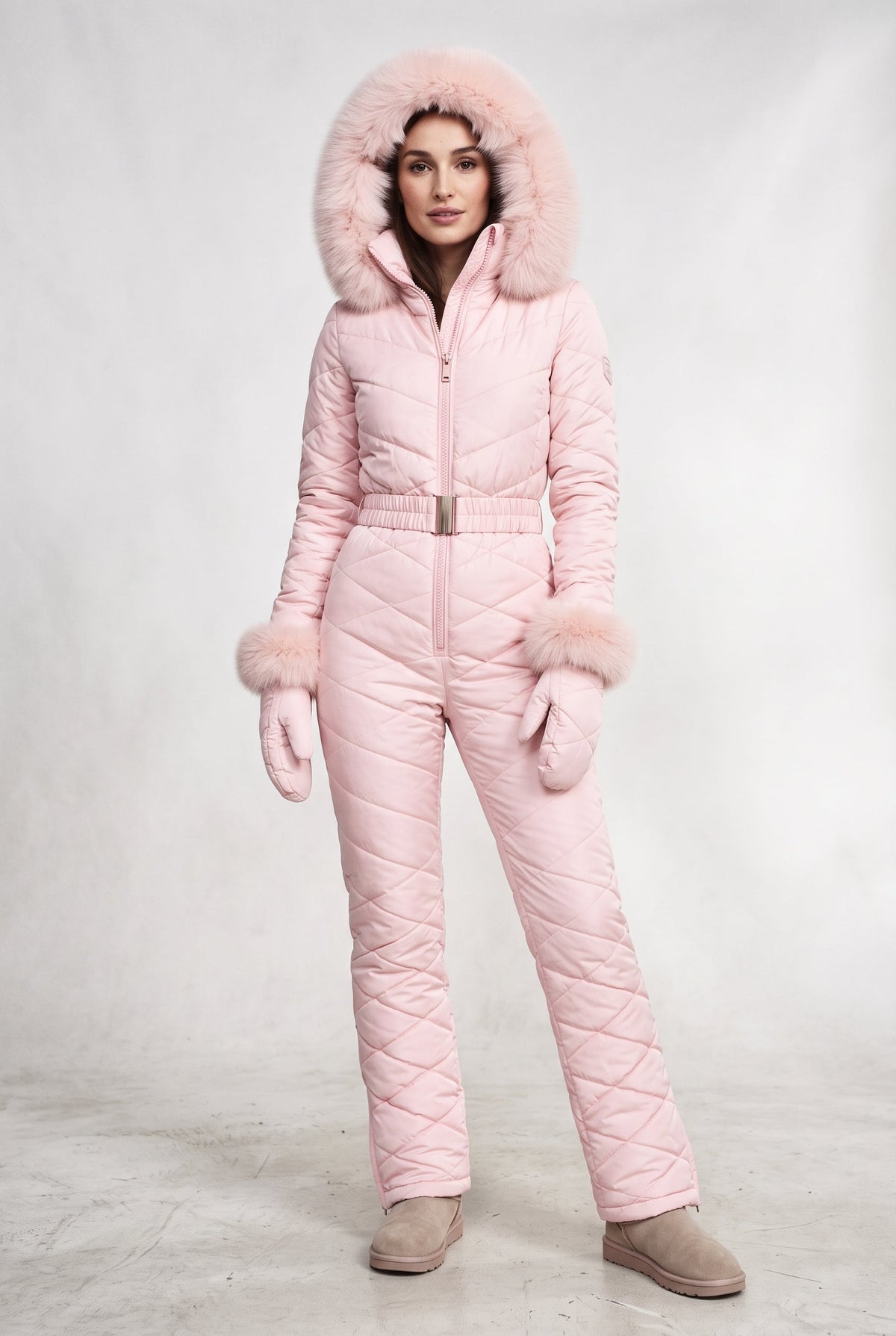 Hooded Snow Suit with Fur Trim in Pink — studio front
