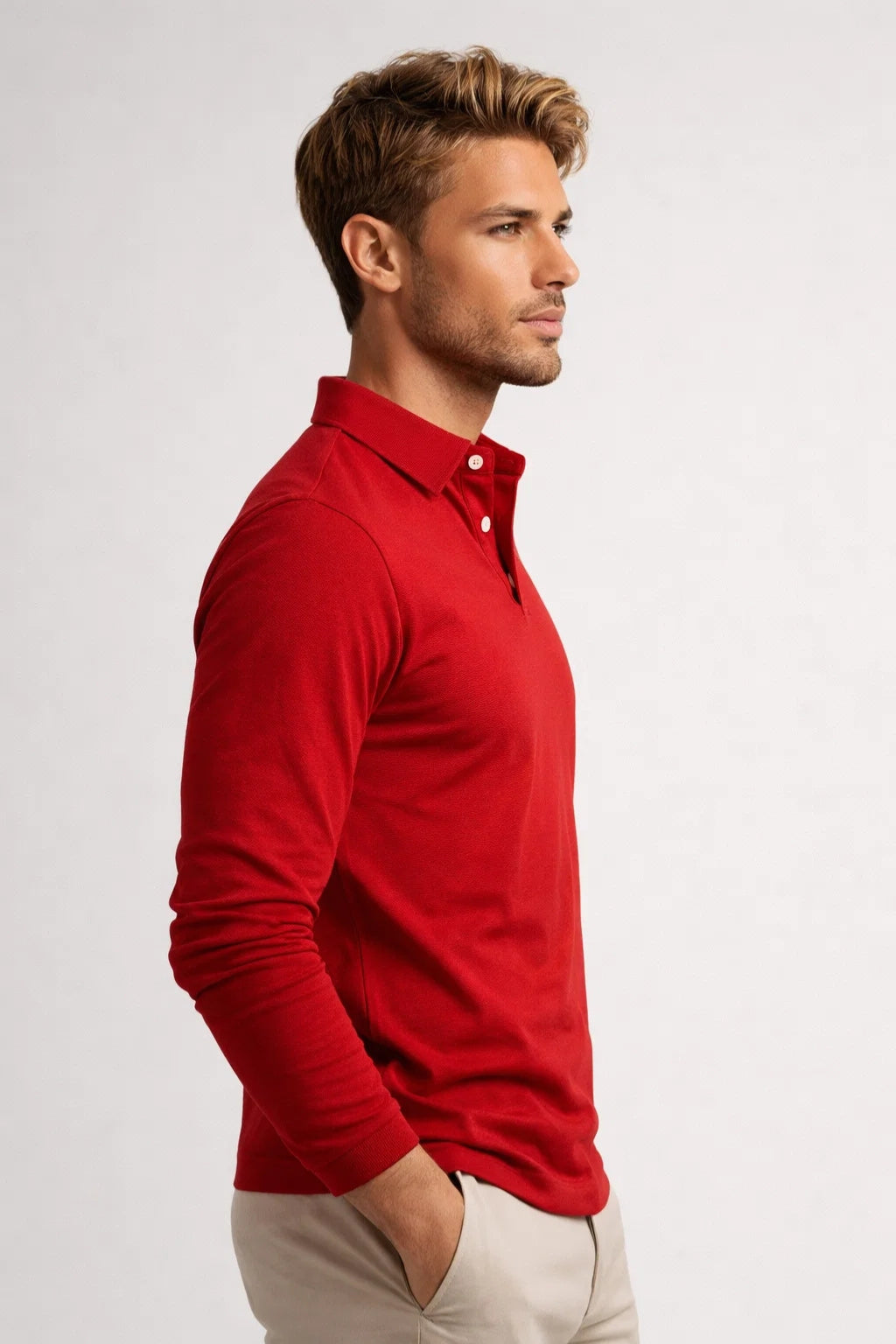 Men's Long Sleeve Polo Shirt - Classic Collar, Slim Fit