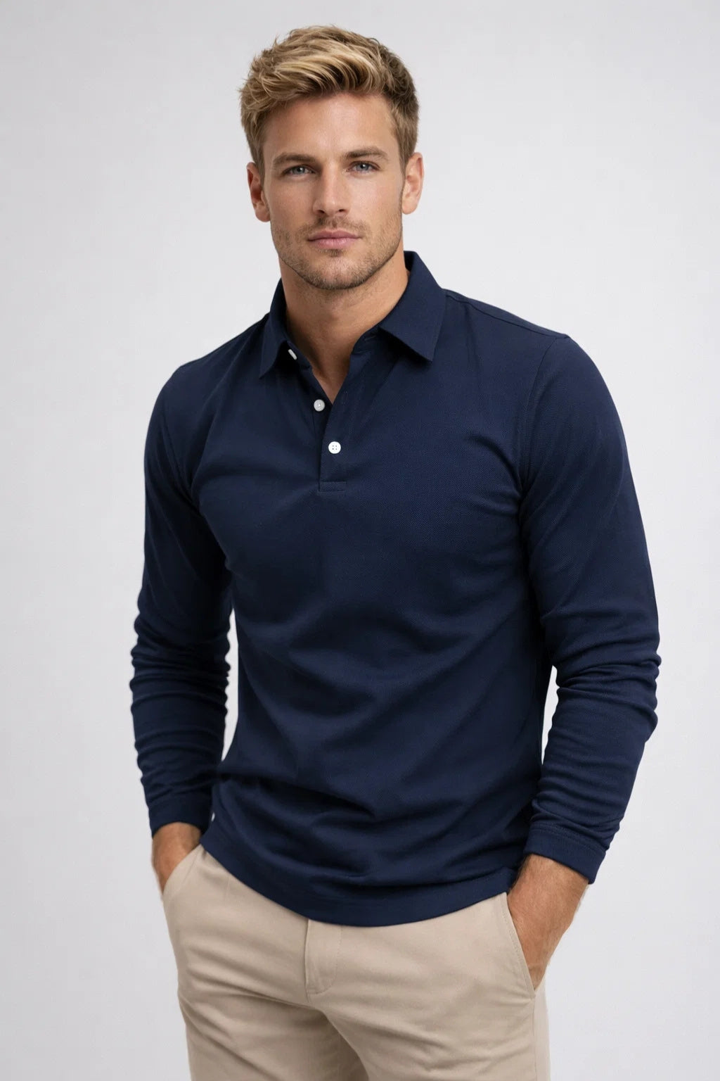 Men's Long Sleeve Polo Shirt - Classic Collar, Slim Fit