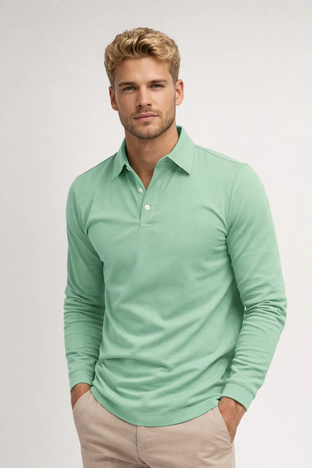 Men's Long Sleeve Polo Shirt - Classic Collar, Slim Fit