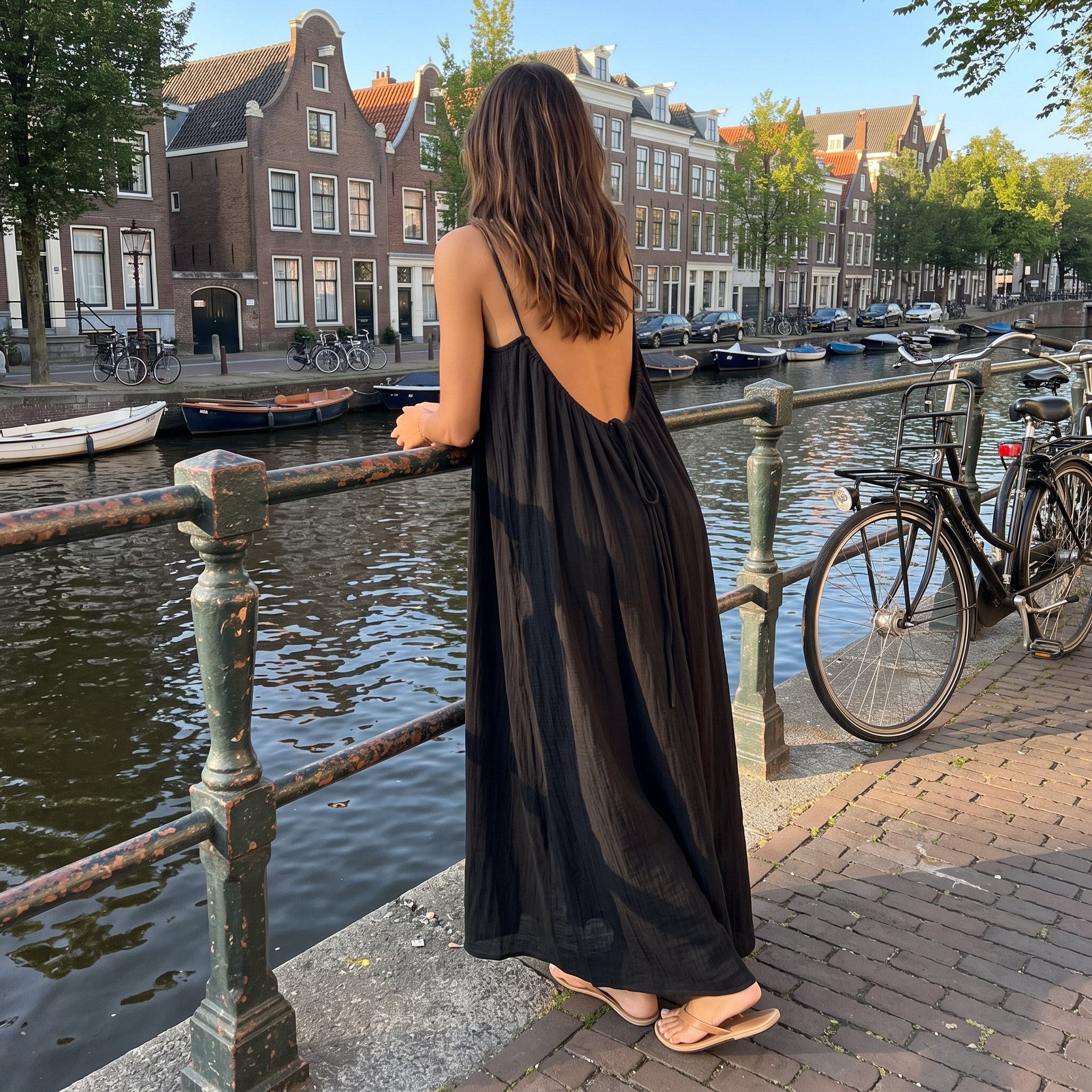 Women's Maxi Dress with Adjustable Open Back - Flowy Backless Gown