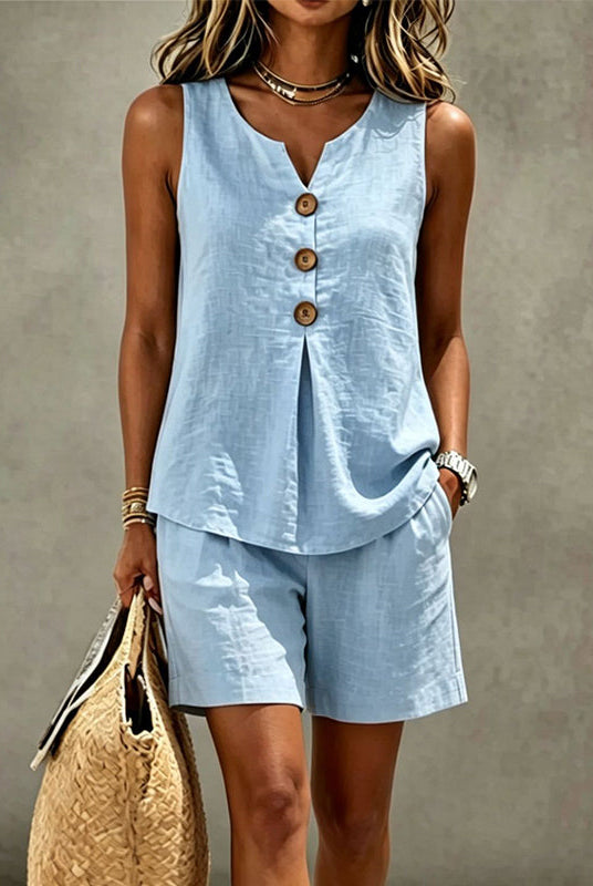 Women's Two-Piece Shorts Set V-Neck Top and Elastic Waist Shorts