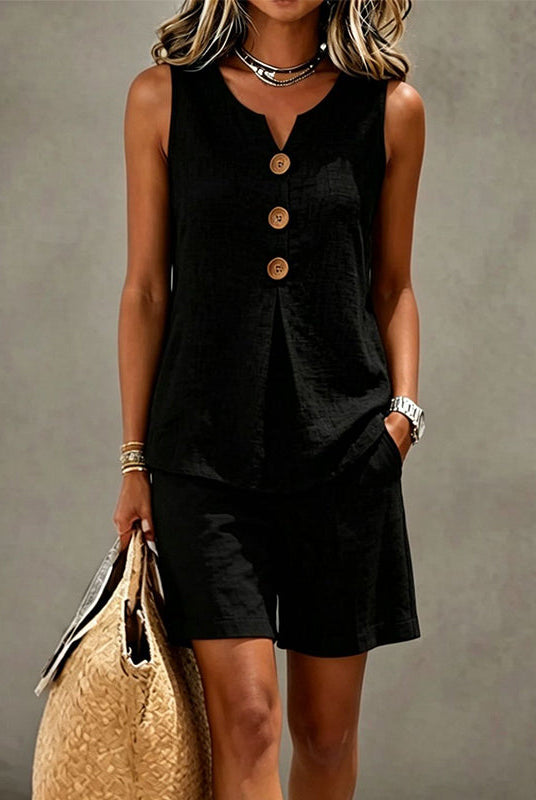 Women's Two-Piece Shorts Set V-Neck Top and Elastic Waist Shorts