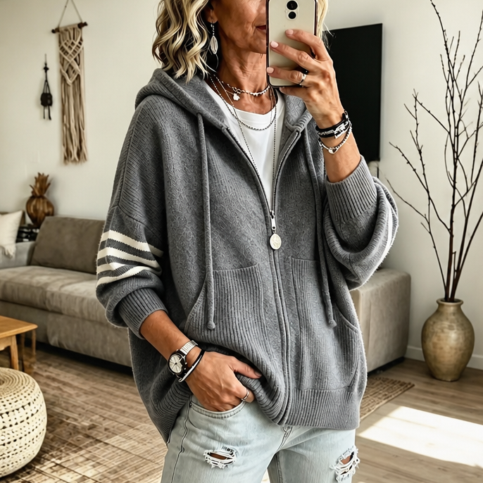 Women's Hoodies Zip Sweater Knit with Striped Sleeve Detail