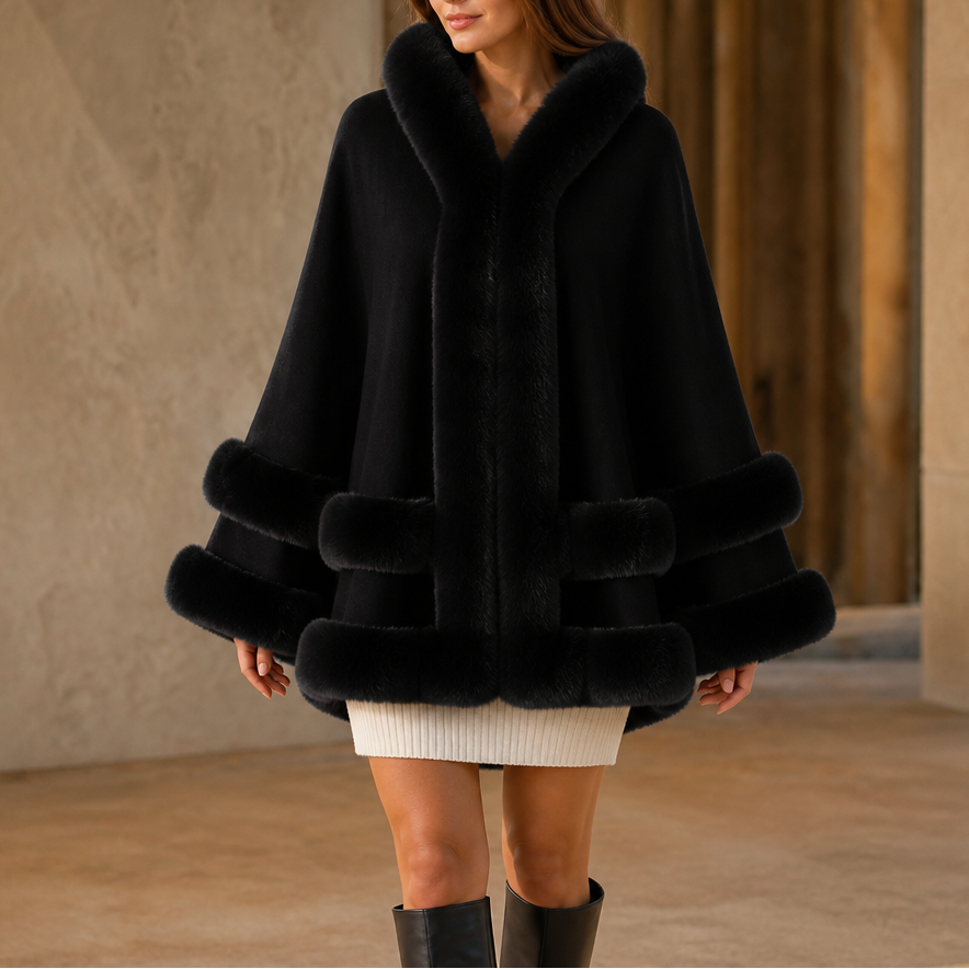 Women's Hooded Cape Coat with Faux-Fur Trim, Knit