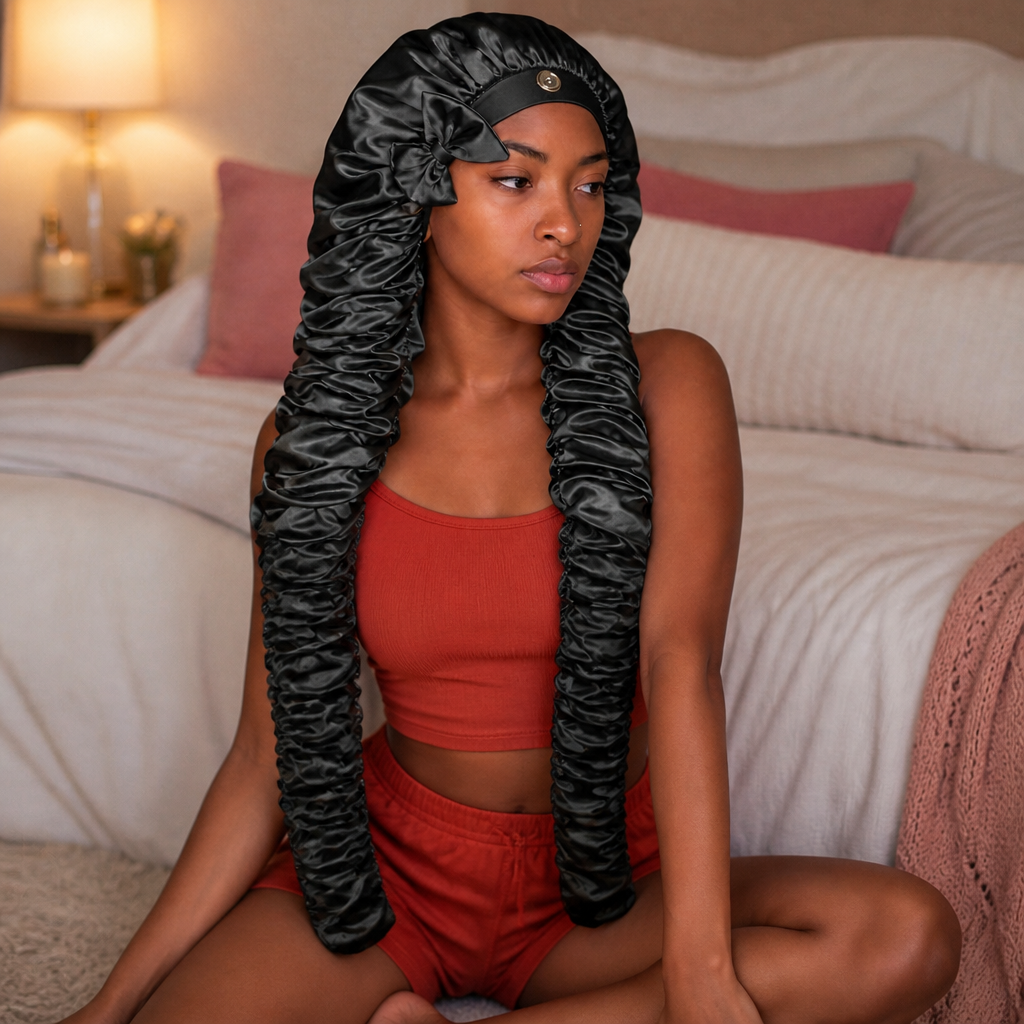 Long Hair Satin Sleep Bonnet with Extra-Long Sleeve