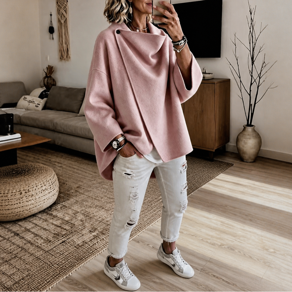 Women's Asymmetric Wrap Cape Jacket with Button Collar