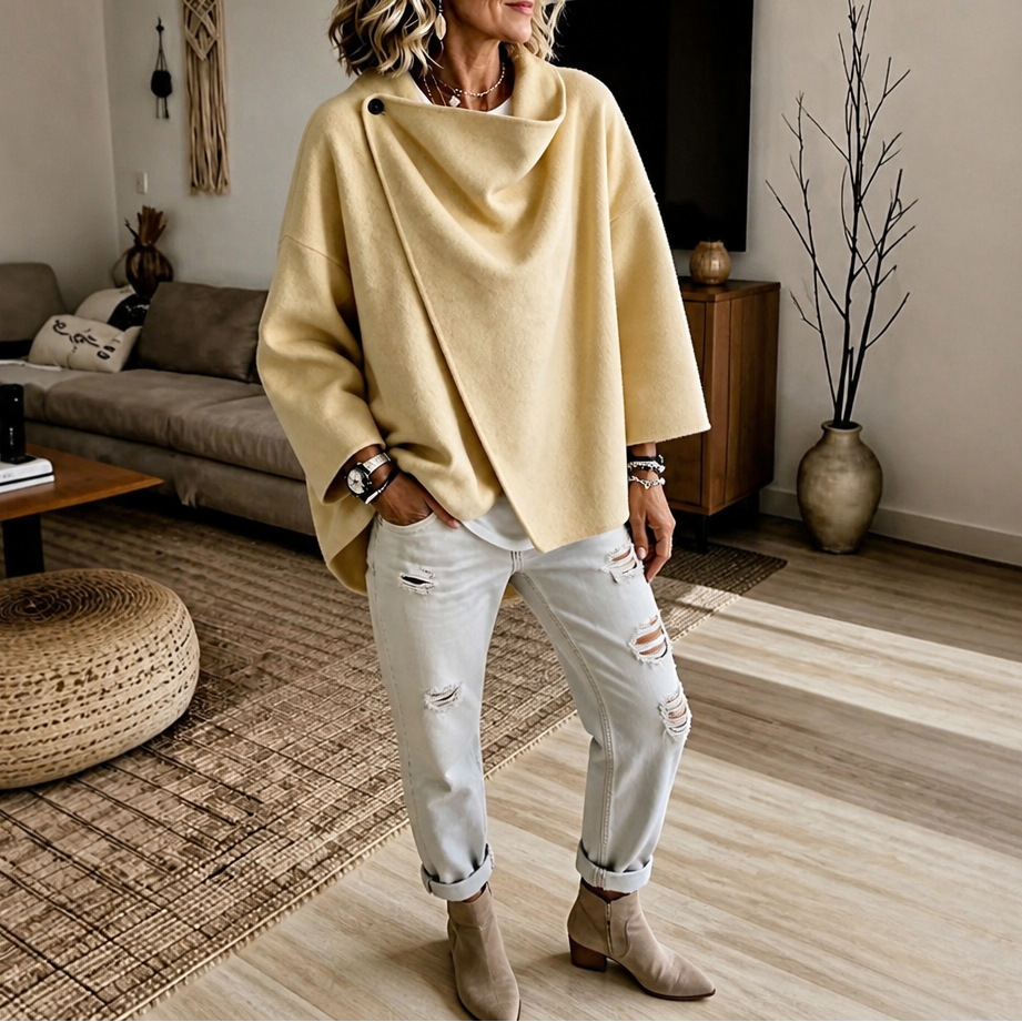 Women's Asymmetric Wrap Cape Jacket with Button Collar