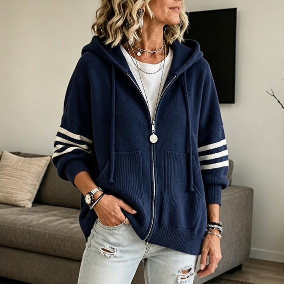 Women's Hoodies Zip Sweater Knit with Striped Sleeve Detail