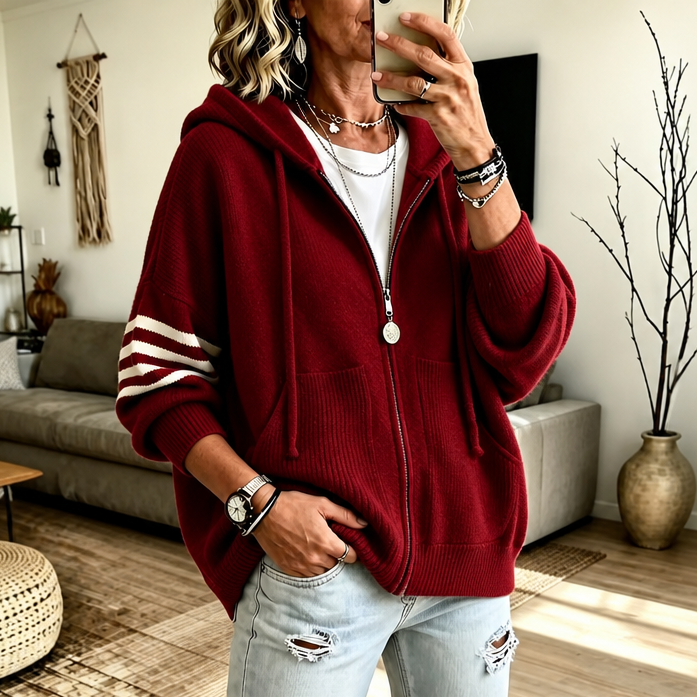 Women's Hoodies Zip Sweater Knit with Striped Sleeve Detail