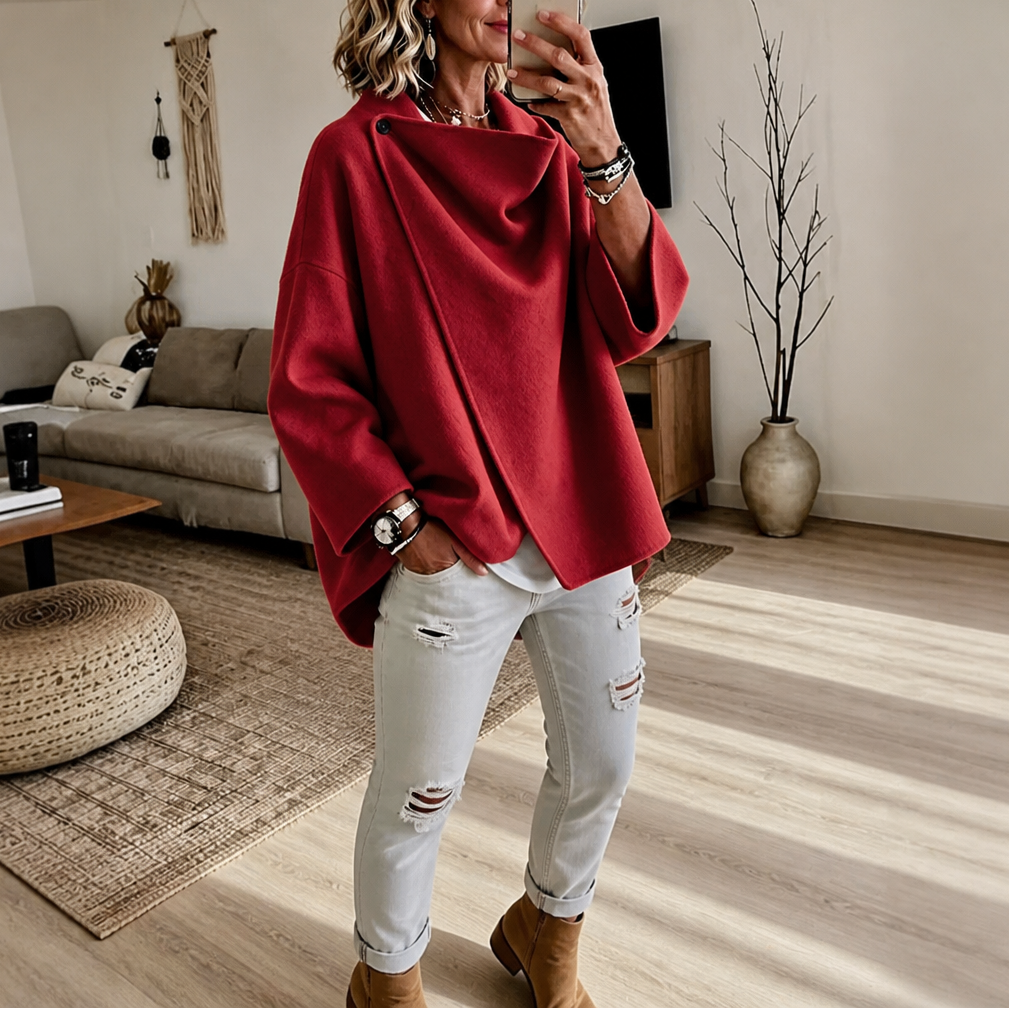 Women's Asymmetric Wrap Cape Jacket with Button Collar