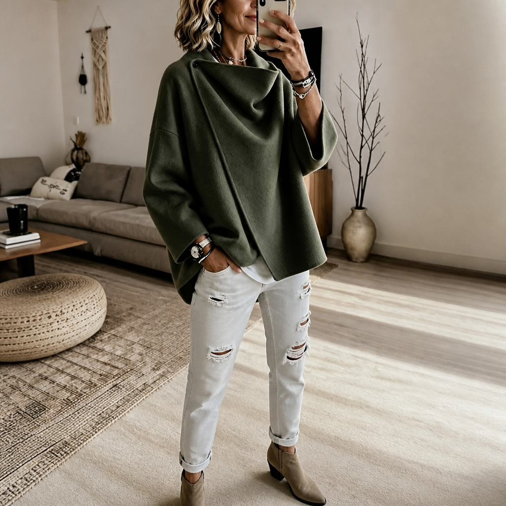 Women's Asymmetric Wrap Cape Jacket with Button Collar
