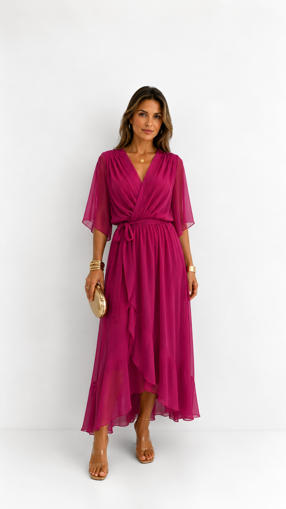 Women's Chiffon Wrap Dress with Flowing Sleeves