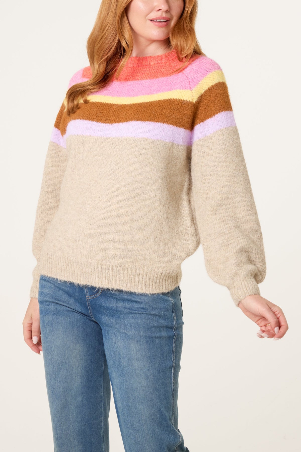 Women's Striped Jumper with Balloon Sleeves – Knitted Pullover